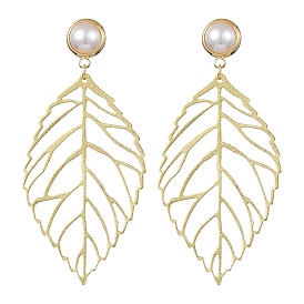 Hollow Leaf Brass Dangle Stud Earrings, with ABS Imitation Pearl