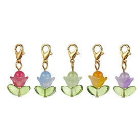 Flower Natural Jade & Glass Pendant Decooration, Zinc Alloy Lobster Claw Clasps Charm