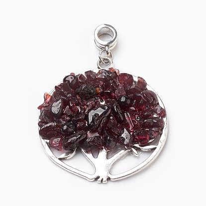 Natural Mixed Gemstone European Dangle Charms, Large Hole Pendants, with Antique Silver Plated Alloy Findings, Flat Round with Tree