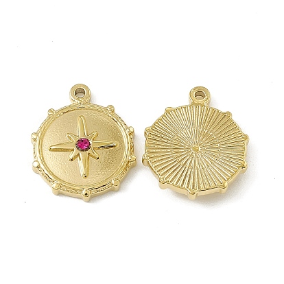 Vacuum Plating 201 Stainless Steel Pendants, Rose Rhinestone Flat Round with Star Charms