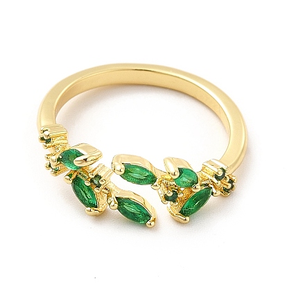 Anillo de puño abierto con hoja de circonita cúbica verde, joyas de latón para mujer