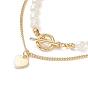 2Pcs 2 Style Natural Pearl Beaded Necklace Set, Brass Heart Charm Stackable Bracelets for Women