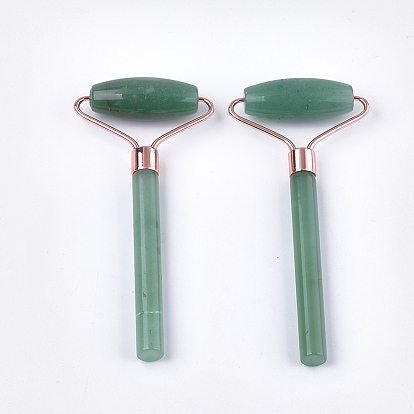 Natural Green Aventurine Massage Tools, Facial Rollers, with Brass Findings, Rose Gold
