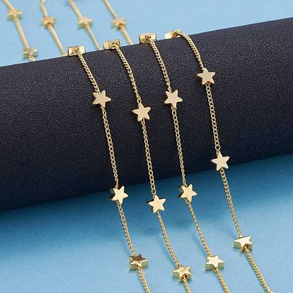 Handmade Brass Twisted Chains, Curb Chains, Soldered, with Star Beads and Spool, Long-Lasting Plated