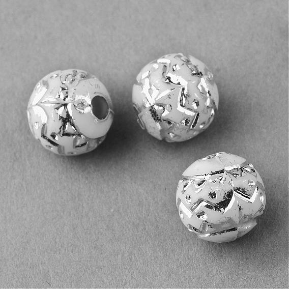 Plating Acrylic Beads, Silver Metal Enlaced, Carved Round