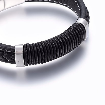  Bracelets de cordon en cuir, 304 fermoir magnétique en acier inoxydable, rectangle