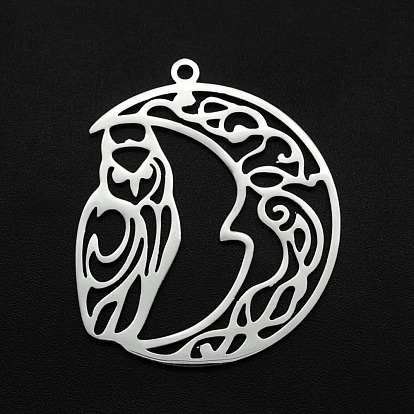 201 Stainless Steel Pendants, Laser Cut, Hollow, Moon with Owl
