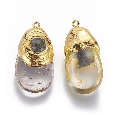 Natural Gold Rutilated Quartz Pendants, with Labradorite Beads and Brass Findings, Drop
