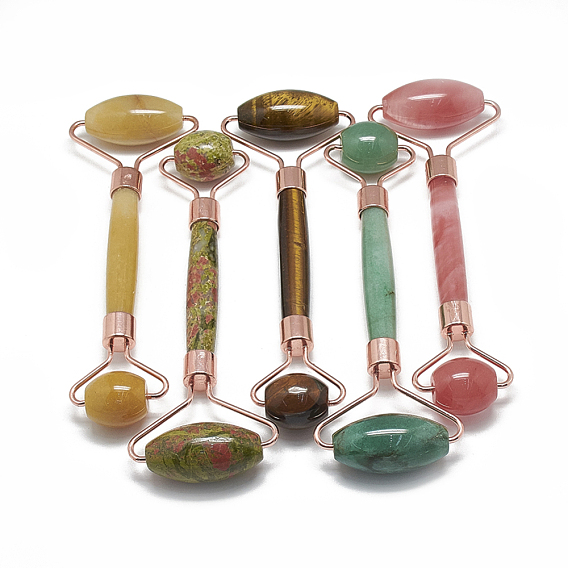 Herramientas de masaje de piedras preciosas naturales / sintéticas, rodillos faciales, con fornituras de latón, oro rosa
