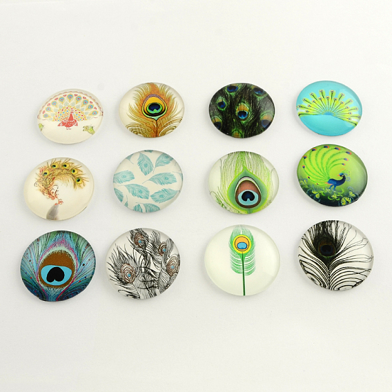 Feather Pattern Flatback Half Round Glass Dome Cabochons, for DIY Projects