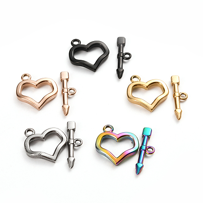 Ion Plating(IP) 304 Stainless Steel Toggle Clasps, Heart & Arrow