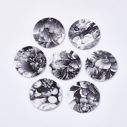 PU Leather Pendants, Double-Sided Flower Pattern, Flat Round