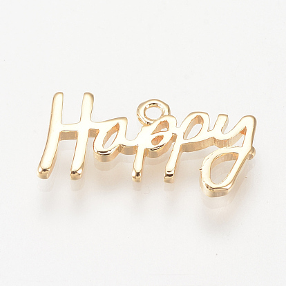 Brass Pendants, Nickel Free, Real 18K Gold Plated, Word Happy