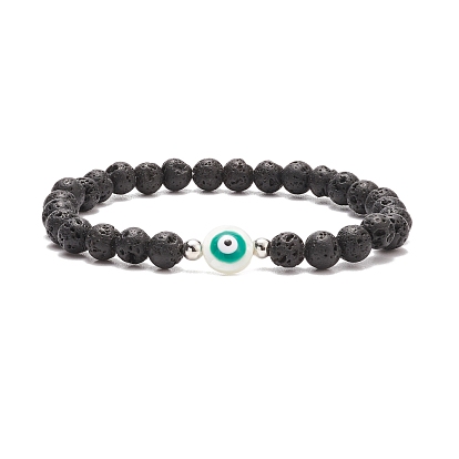 Natural Lava Rock & Shell with Evil Eye Beaded Stretch Bracelet, Essential Oil Gemstone Jewelry for Women