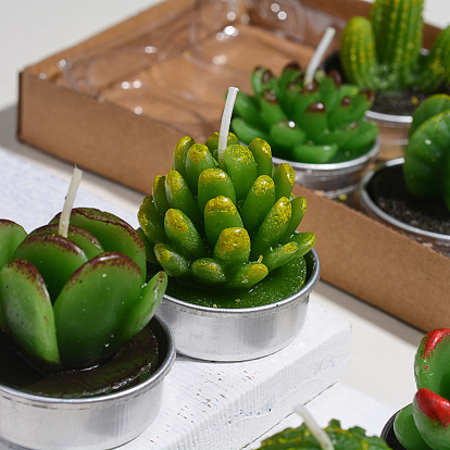 Cactus Paraffin Smokeless Candles, Artificial Succulents Decorative Candles, with Aluminium Containers, for Home Decoration