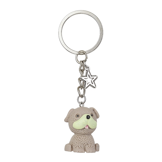 Porte-clés pendentif chien en résine, avec anneaux en fer et breloque étoile en alliage