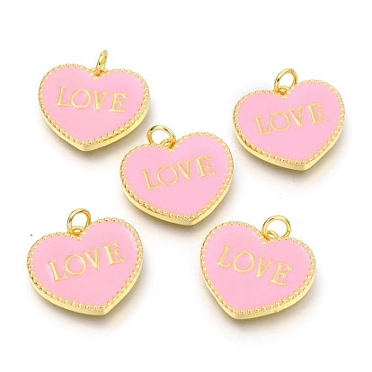 Brass Enamel Pendants, Long-Lasting Plated, Real 18K Gold Plated, with Jump Rings, for Valentine's Day, Heart with Word LOVE