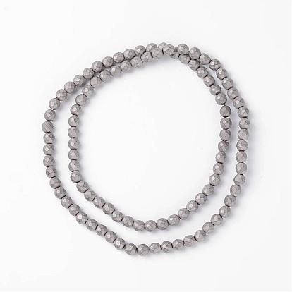 Faceted Round Non-Magnetic Synthetic Hematite Beads Strands, Frosted, 4mm, Hole: 1mm, about 99pcs/strand, 15.7 inch