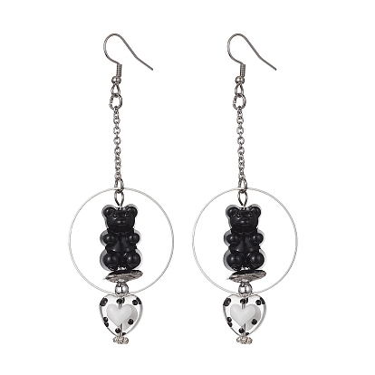 Acrylic Bear & Lampwork Heart Dangle Earrings, 304 Stainless Steel Long Drop Earrings