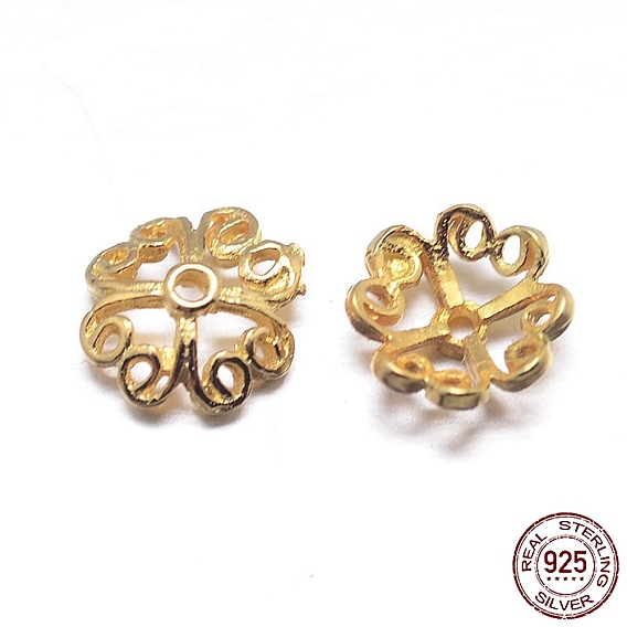 Real 18K Gold Plated 4-Petal 925 Sterling Silver Bead Caps, Flower, 6x2mm, Hole: 1mm, about 153pcs/20g