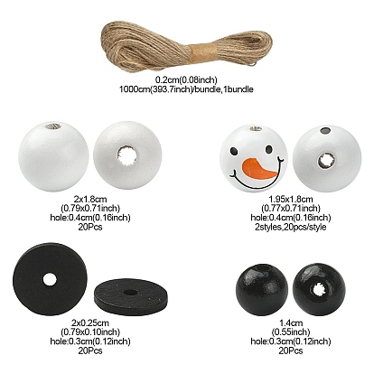 Kit de fabrication de décoration de pendentif bonhomme de neige de noël, bricolage, y compris des perles rondes en bois naturel teint, chaîne de jute