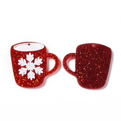 Christmas Transparent Printed Acrylic Pendants, with Sequins, Cup with Snowflake