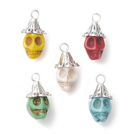 Dyed Synthetic Turquoise Pendants, Halloween Skull Charms with Antique Silver Plated Alloy Hat