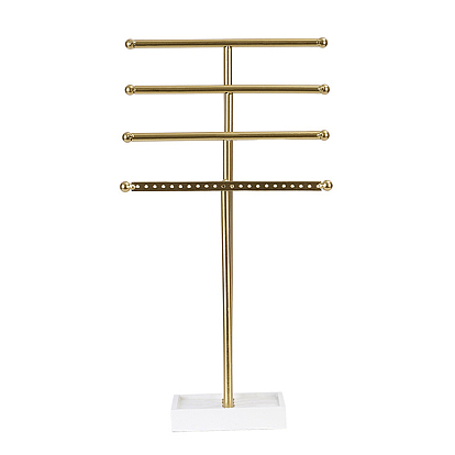 4-Tier Iron T-Bar Jewelry Display Risers, Jewelry Organizer Holder with White Wooden Base, for Bracelets Necklaces Storage
