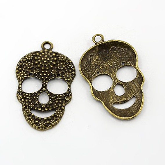 Day of the Dead Ornaments Tibetan Style Alloy Sugar Skull Pendants, For Mexico Holiday Day of the Dead, Cadmium Free & Lead Free, for Halloween, 49x31x5mm, Hole: 3mm