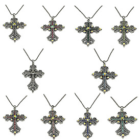 Cross Rhinestone Pendant Necklaces, with Antique Silver Alloy Ball Chains