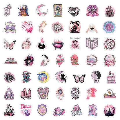 50 etiquetas adhesivas de bruja rosa de pvc impermeables con tema de adivinación, autoadhesión, para maleta, monopatín, refrigerador, casco, cáscara del teléfono móvil