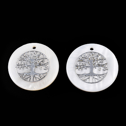 Freshwater Shell Pendants, Covered with Iron Findings, Flat Round with Tree of Life