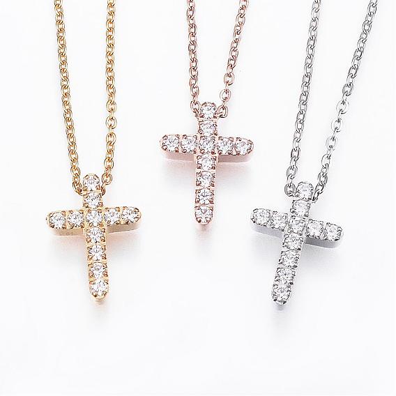 304 Stainless Steel Pendant Necklaces, with Cubic Zirconia, Cross