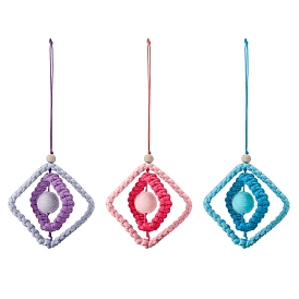 Rhombus Shape Handmade Macrame Polyester Cord Pendant Decorations, with Wood Beads, for Car Hanging Decorations