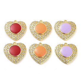 Brass Micro Pave Clear Cubic Zirconia Pendants, with Enamel, Real 18K Gold Plated, Heart Charms