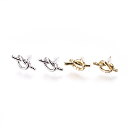 Brass Stud Earrings, with Plastic Ear Nuts, Long-Lasting Plated, Knot