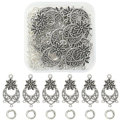 Enlaces de componentes de araña de aleación de estilo tibetano., lágrima con flor, con 20 piezas de anillos de salto