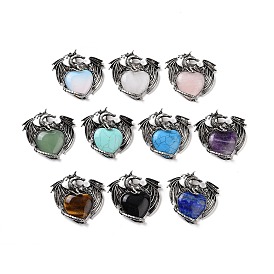 Gemstone Pendants, Heart Charms, with Rack Plating Antique Silver Tone Alloy Dragon Findings
