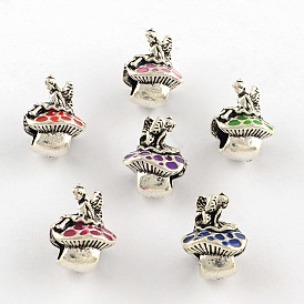 Antique Silver Plated Fairy and Mushroom Tibetan Style Alloy Enamel European Beads, Large Hole Beads, 13~14x10~11x10mm, Hole: 5mm