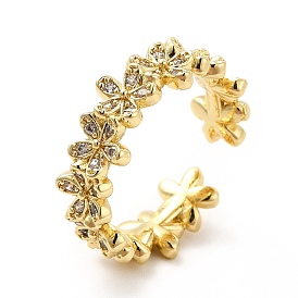 Clear Cubic Zirconia Flower Wrap Open Cuff Ring, Brass Jewelry for Women