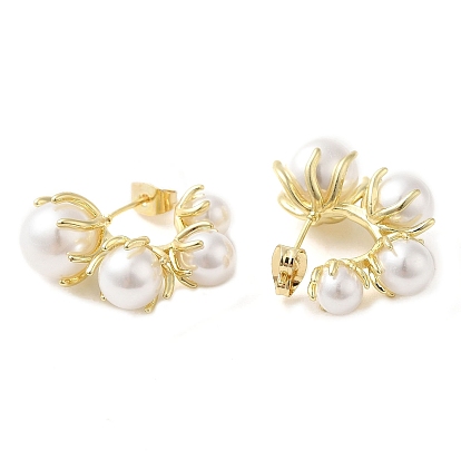 Rack Plating Brass Flower Stud Earrings, ABS Plastic Imitation Pearl Beaded Half Hoop Earrings