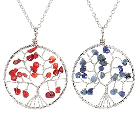 Colliers à pendentif arbre de vie en perles de pierres précieuses naturelles et synthétiques mélangées, avec chaînes en alliage de platine