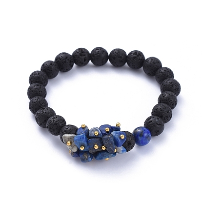 Natural Lava Rock Round Beads Stretch Bracelets, with Natural Gemstone Chips and Brass Beads, Golden