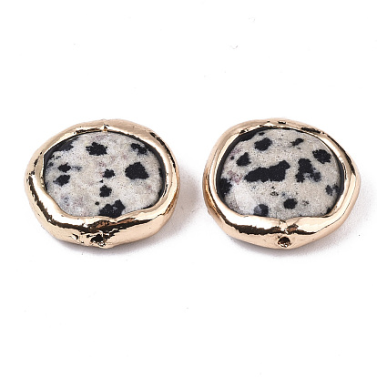 Natural Dalmatian Jasper Beads, with Light Gold Plated Polymer Clay Edge, Flat Round