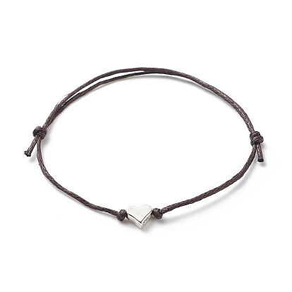 Alloy Heart Beaded Cord Bracelet, Waxed Cotton Braided Adjustable Ring for Women