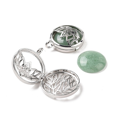 Gemstone Locket Pendants, Flat Round Charms, with Platinum Plated Brass Lotus Findings