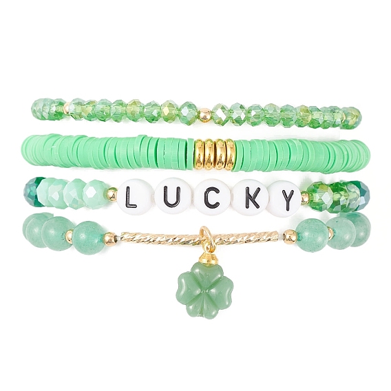 4Pcs 4 Style Glass & Polymer Clay Beaded Stretch Bracelets Set with Clover Charms, Word Lucky Stackable Bracelets for Saint Patrick's Day