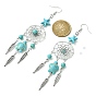 Web with Feather Alloy Chandelier Earrings, Tortoise & Starfish Synthetic Turquoise Long Drop Earrings