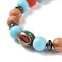 Wooden Braided Bead Bracelets Sets, Brass with Synthetic Coral and Turquoise(Dyed) Adjustable Bracelets for Women