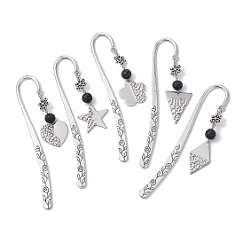 Star/Triangle/Heart 304 Stainless Steel Pendant Bookmarks, Flower Pattern Alloy Hook Bookmarks, with Natural Lava Rock